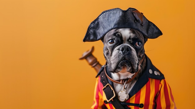 A dog dressed in a pirate costume is holding a sword