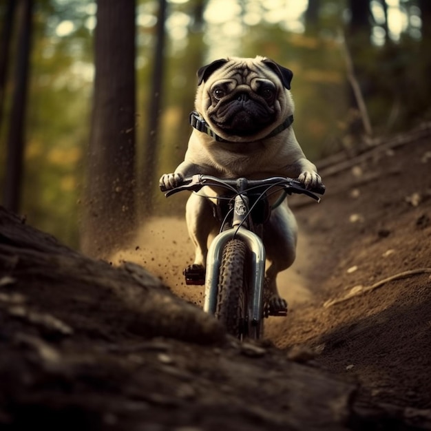 a dog drive a bicyle in the forest