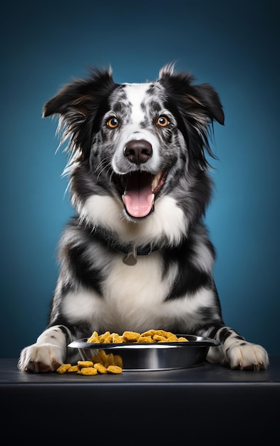 A dog eating a bowl of dog food