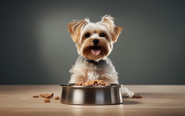 A dog eating a bowl of dog food.