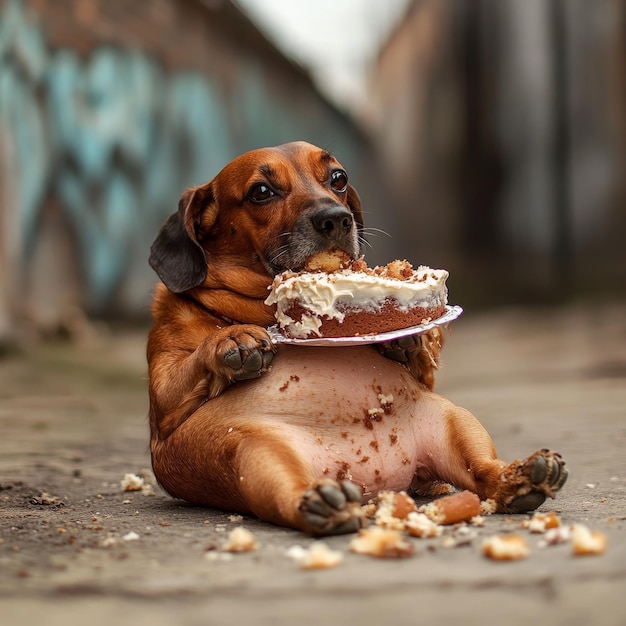 Photo a dog eating a cake with a graffiti on the wall