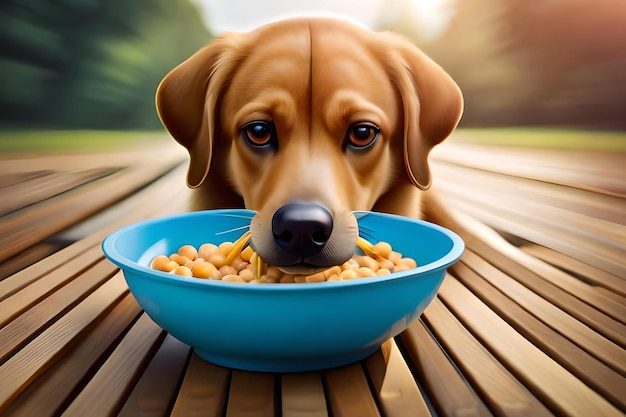 A dog eating food from a blue bowl.