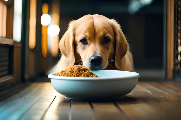 A dog eating food from a bowl