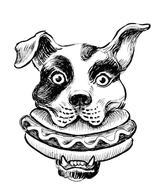 Dog eating hot dog. Ink black and white drawing