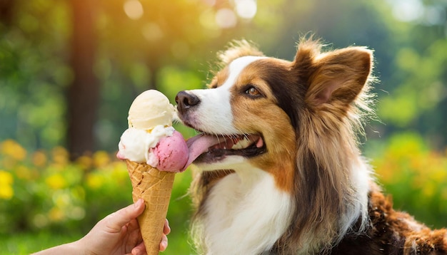 A dog eating an ice cream in the sun