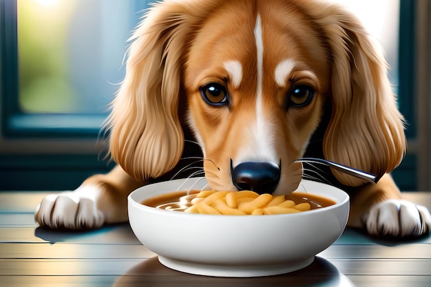 A dog eating macaroni and cheese with a bowl of macaroni and cheese.