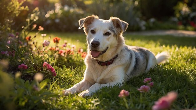 Dog enjoys sunshine amid vibrant spring flowers