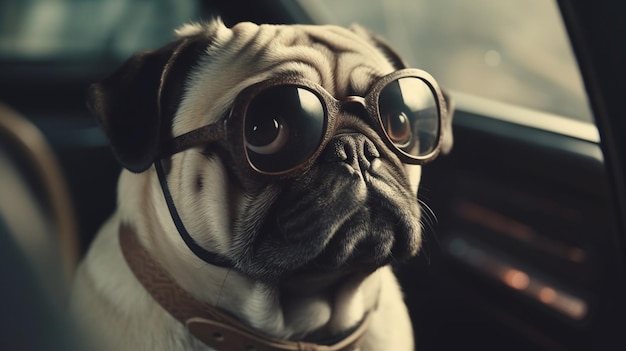 Dog in eyeglasses sitting in the car Generative Ai