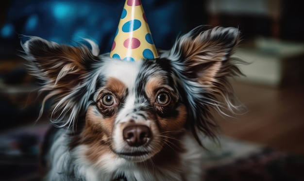 Dog in a festive cap at a birthday party generative AI