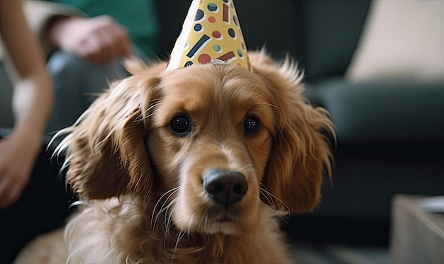 Dog in a festive cap at a birthday party generative AI