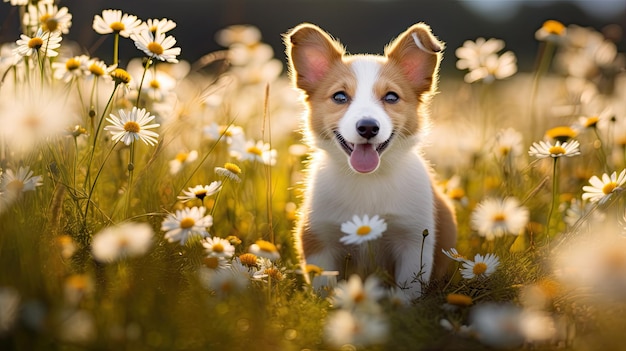 a dog in a field of flowers with a blue eye.