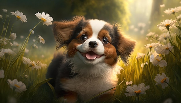 A dog in a field of flowers