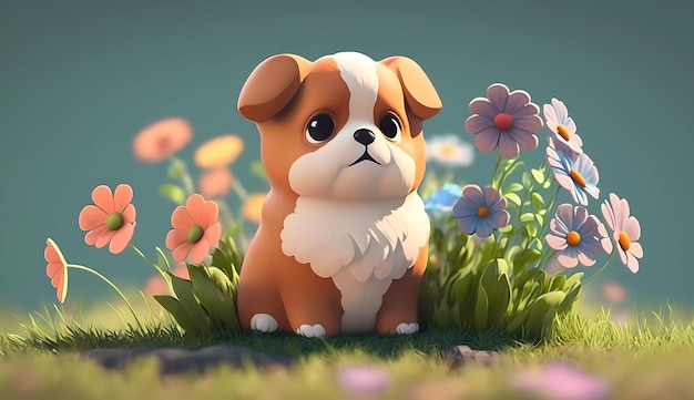 A dog in a field of flowers