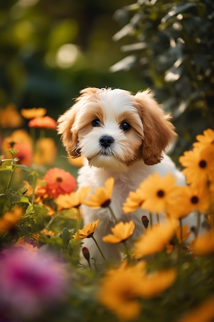 A dog in a field of flowers