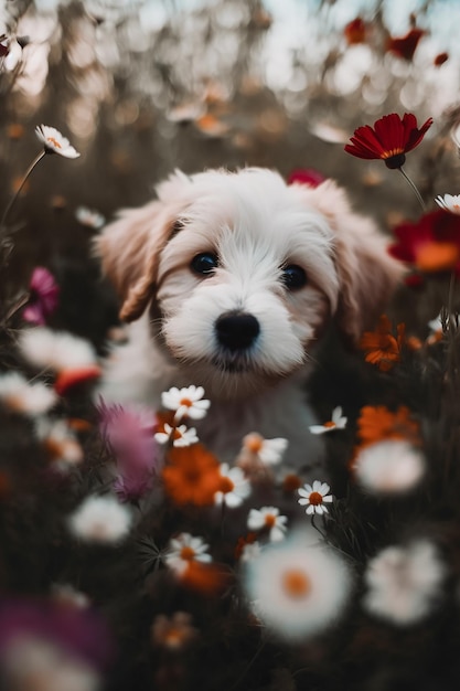 A dog in a field of flowers