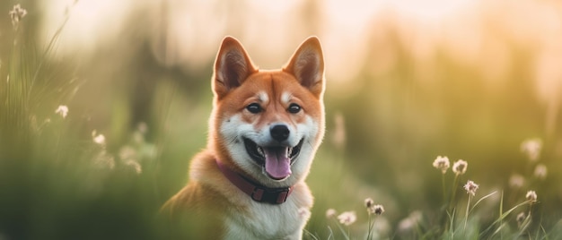 A dog in a field of flowers