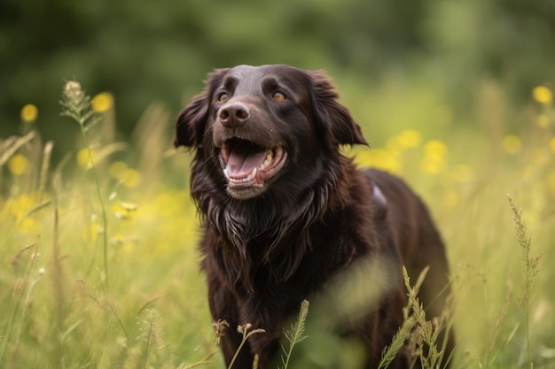 A dog in a field of flowers