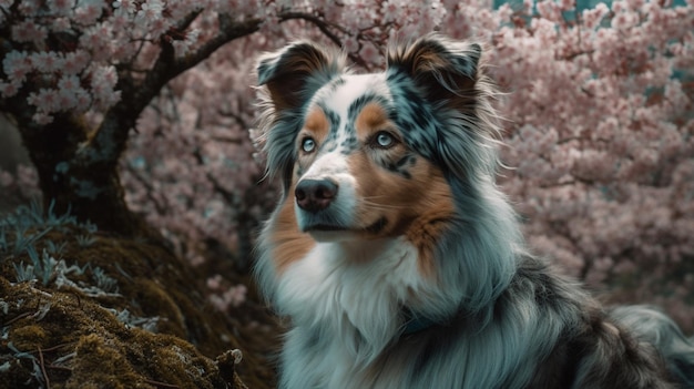 A dog in a field of flowers