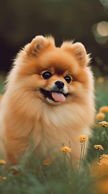 A dog in a field of flowers