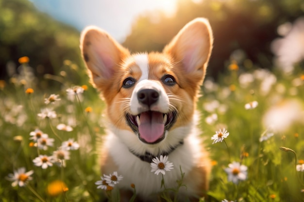 A dog in a field of flowers