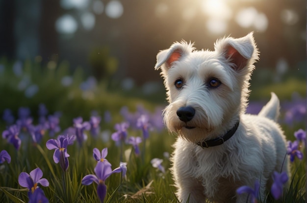 a dog in a field of purple flowers with the sun behind him