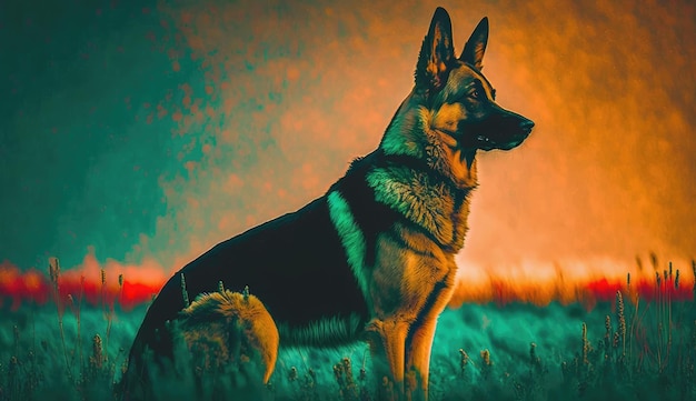 Photo a dog in a field with a sunset behind it