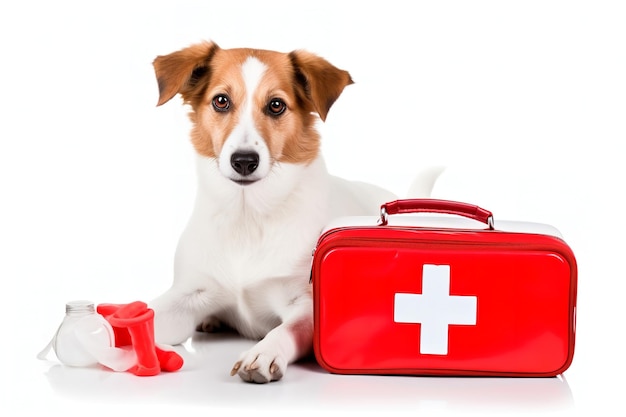 dog next to a first aid kit isolated on white