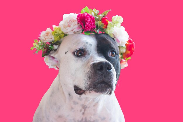 A dog in a flower wreath Fashionable pet American Staffordshire Terrier