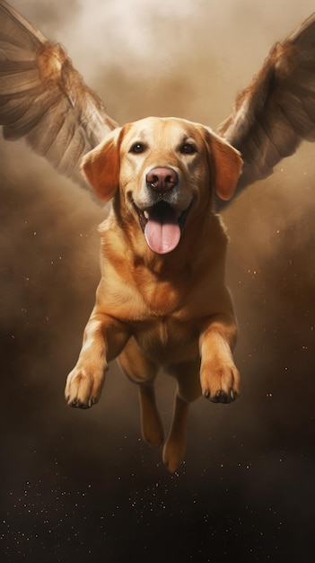 Dog flying in air with wings HD 8K wallpaper Stock Photographic Image