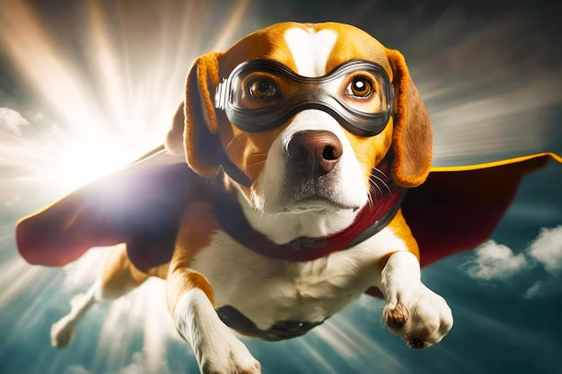 Dog flying through the air with pair of goggles on it's head Generative AI