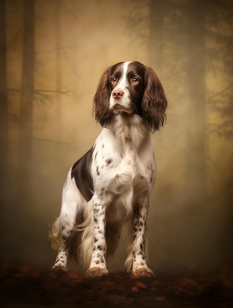 A dog in a forest with a brown and white dog