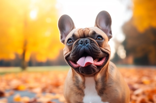 A dog of the French bulldog breed on a natural background A dog on a walk in the park AI Generated