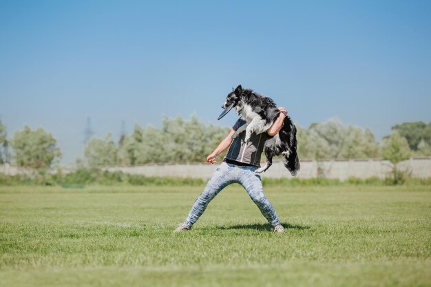 Dog frisbee Dog catching flying disk in jump pet playing outdoors in a park Sporting event achie