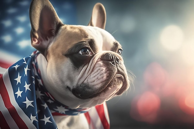 Dog in front of USA flag independence day 4th July