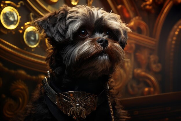 Dog in fur with golden glasses photorealistic fantasy style dieselpunk generation ai