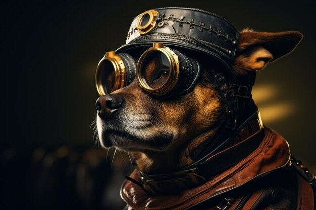 Dog in fur with golden glasses photorealistic fantasy style dieselpunk generation ai