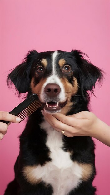 Photo dog gets hr cut at pet spa grooming salon closeup of dog the dog has a hrcut comb the hr