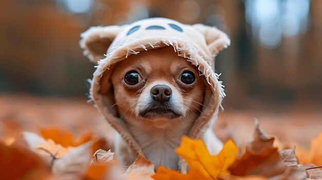 Photo dog in a ghost costume for halloween posing on fallen autumn leaves