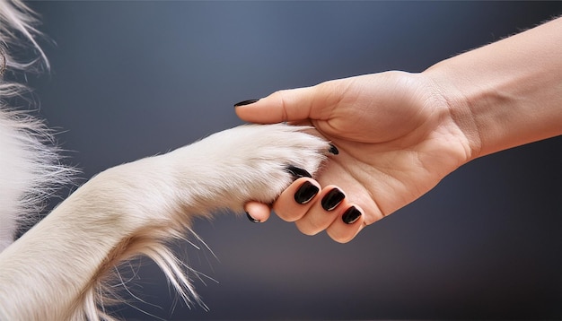 Dog gives its paw to a person it trusts Concept of friendship between dog and human