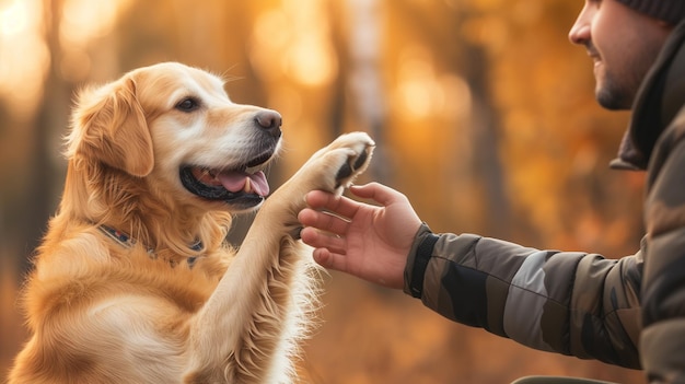 The dog gives paw to owner A man trains a dog outdoors Warm lighting autumn nature