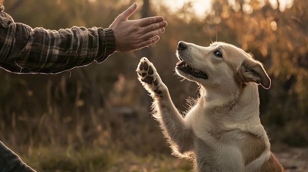 Photo dog giving high five to a man friendship and affection concept generative ai