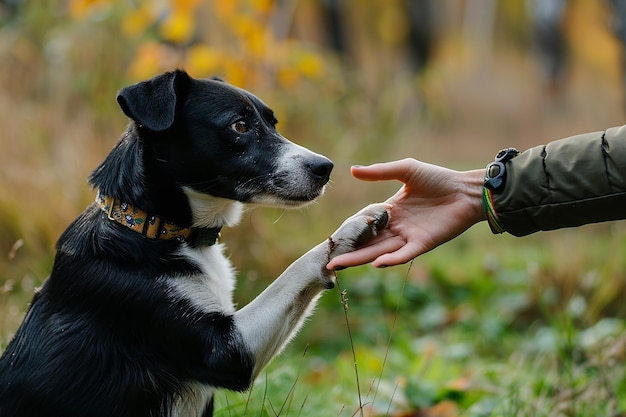 Photo dog giving paw to woman