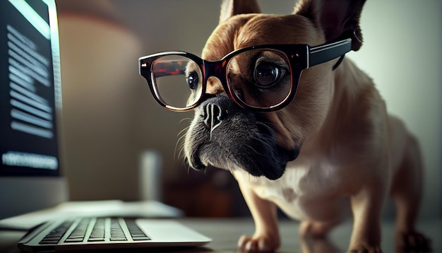 Dog in glasses working on laptop Generative Ai