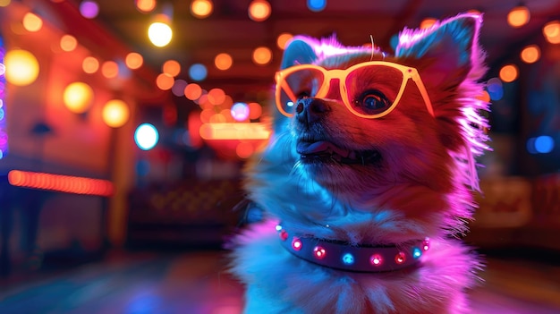 Dog in Glowing Glasses and Collar at Night