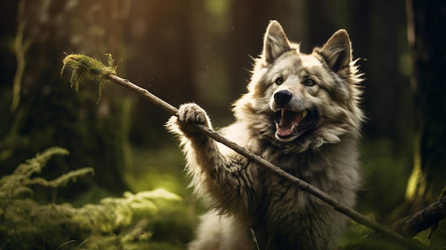 The dog gnaws the stick in a forest meadow