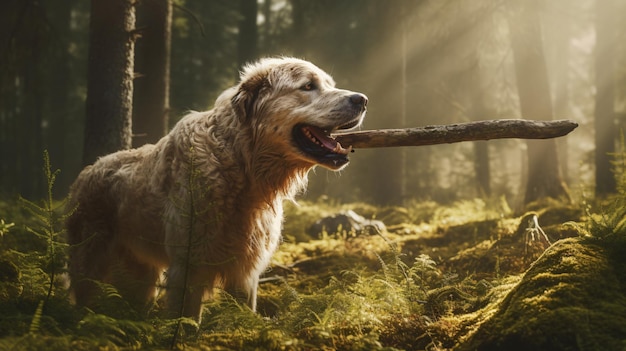 The dog gnaws the stick in a forest meadow