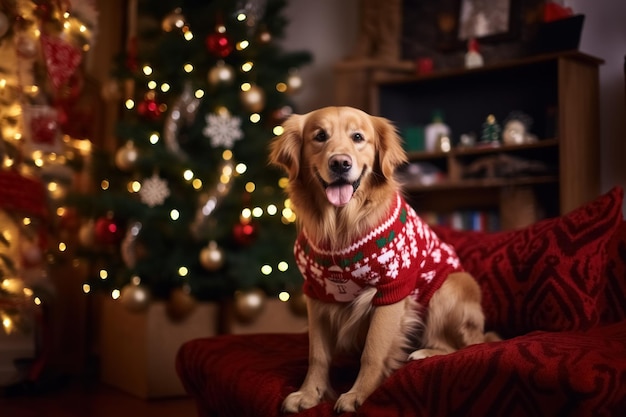 dog golden retriever in ugly sweater on red armchair room decorated Christmas background copy space