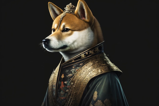 A dog in a golden robe with a crown on it