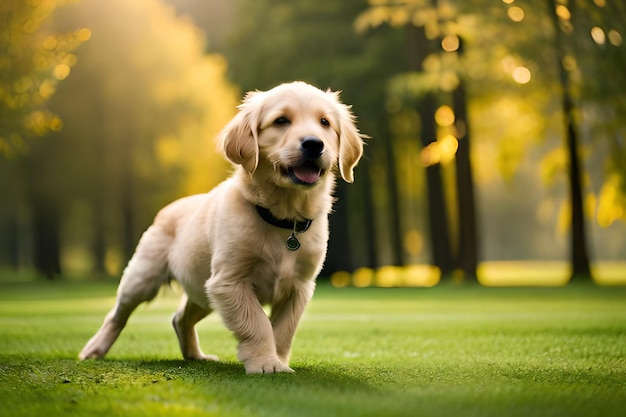 A dog on a golf course is walking on the grass.