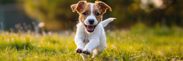 Dog On Grass Spring and Summer Concept with Playful Happy Pet Dog Puppy Running and Jumping on